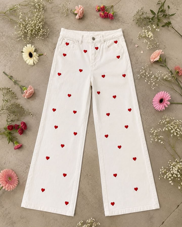 Pantalón Blanco con Corazones Rojos